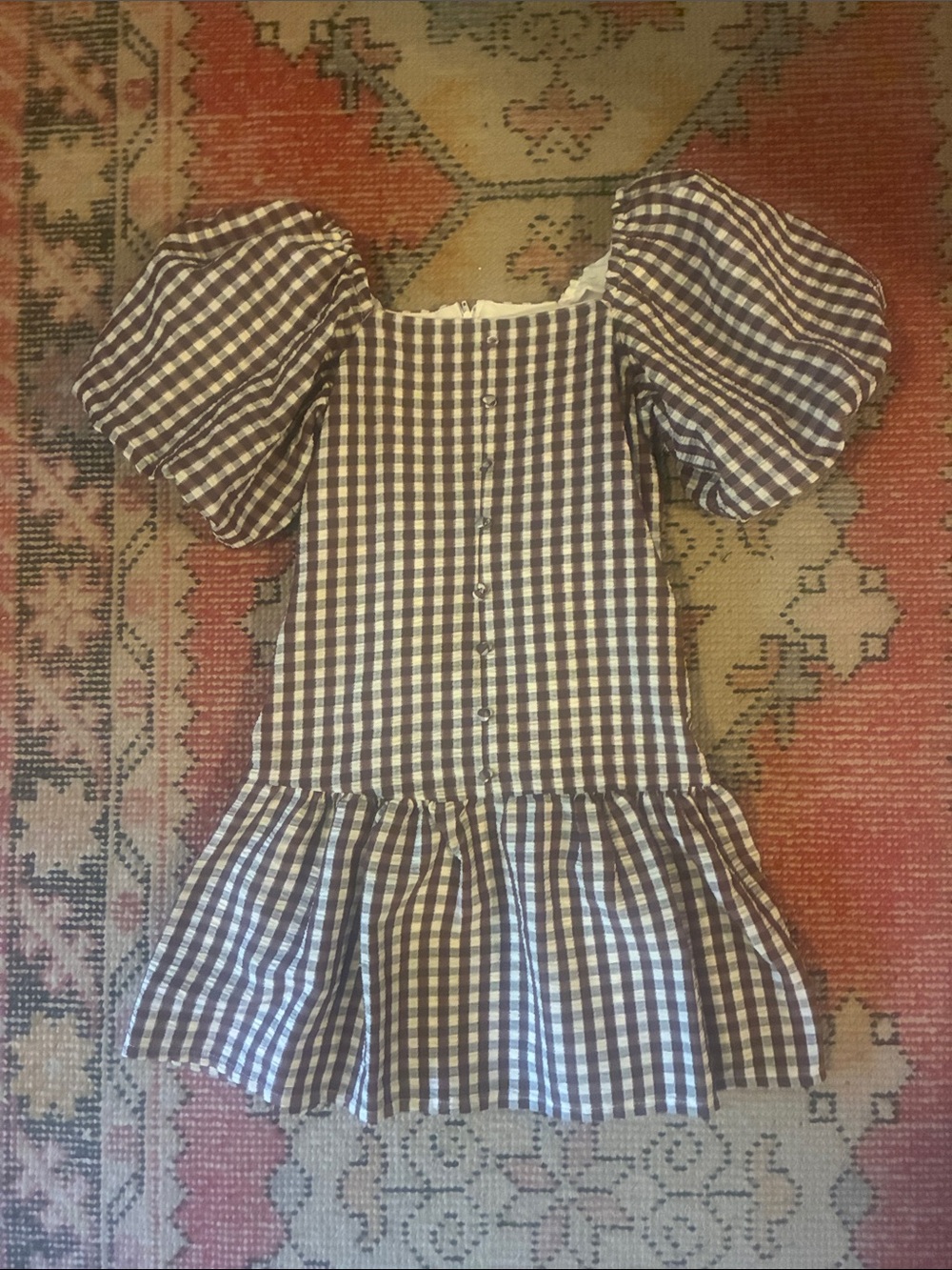 GB girls- Gingham Puff Sleeve Mini Dress in Brown and White